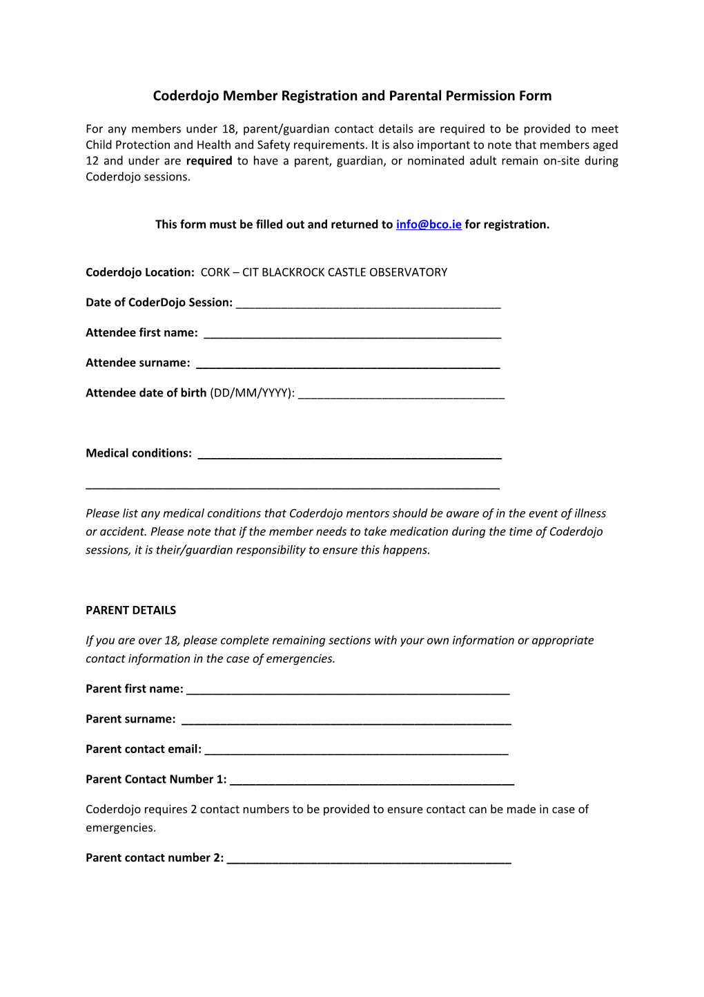 Coderdojo Member Registration and Parental Permission Form