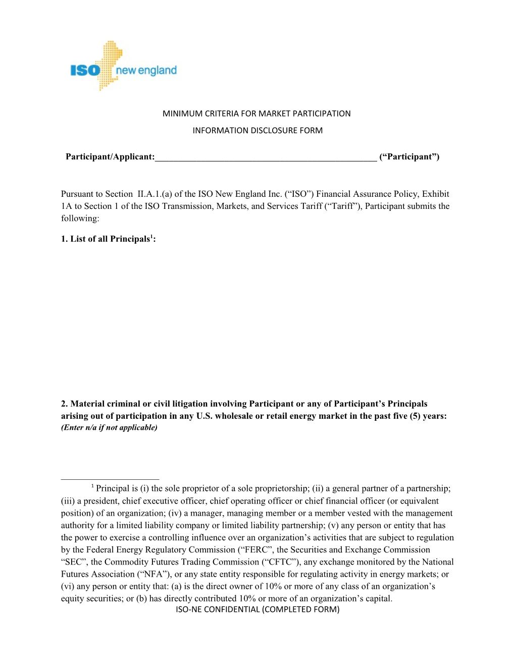 Iso New England Minimum Criteria for Market Participation Information Disclosure Form