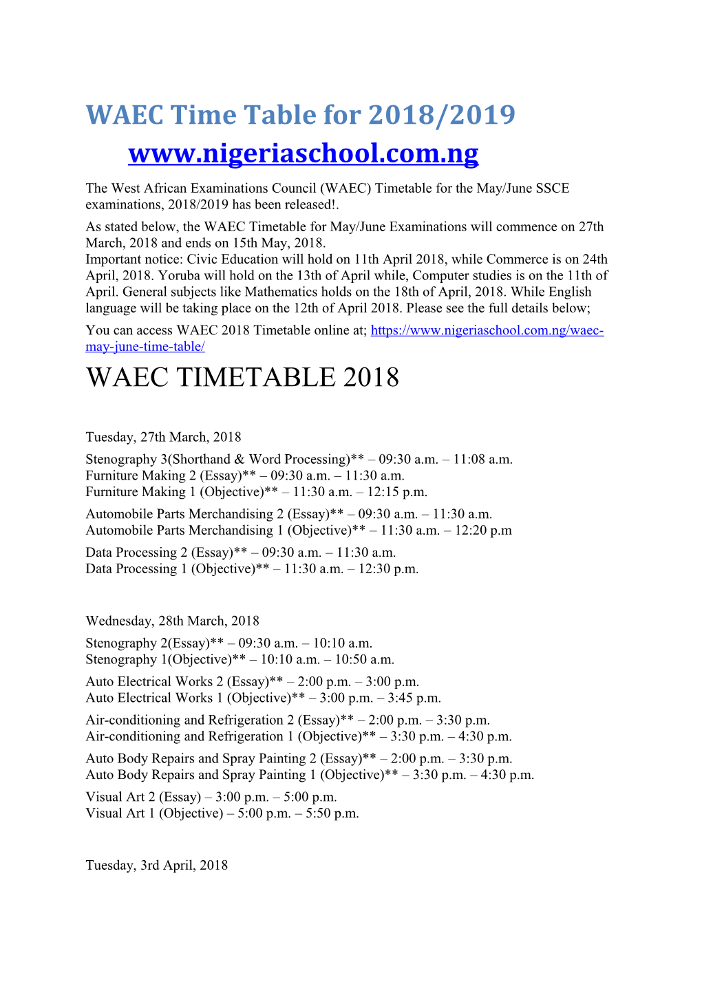 WAEC Time Table for 2018/2019