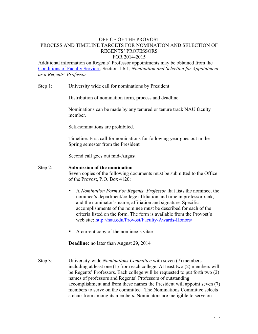 Proposed Process and Timeline for Nomination and Selection Of