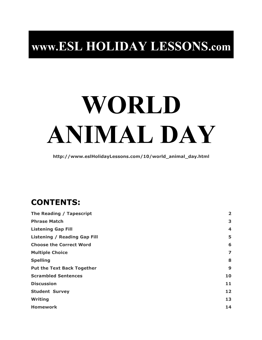 Holiday Lessons - World Animal Day