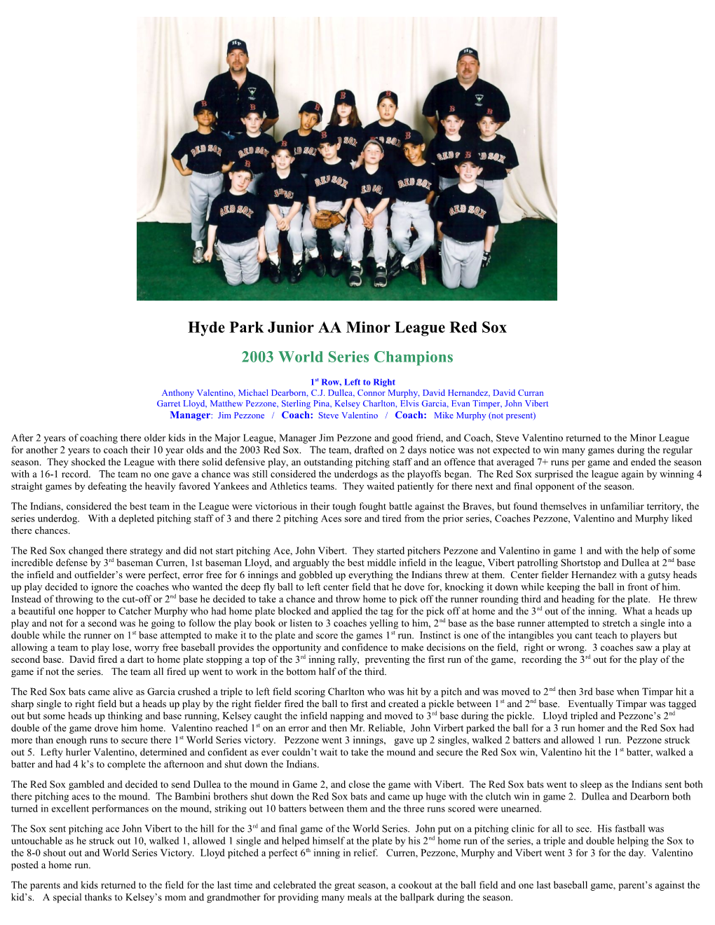 Hyde Park Junior AA Minor League Red Sox