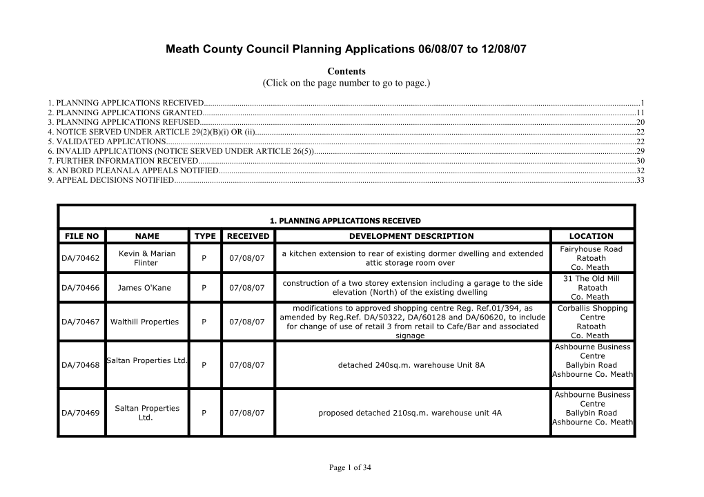 Meath County Council Planning Applications 06/08/07 to 12/08/07