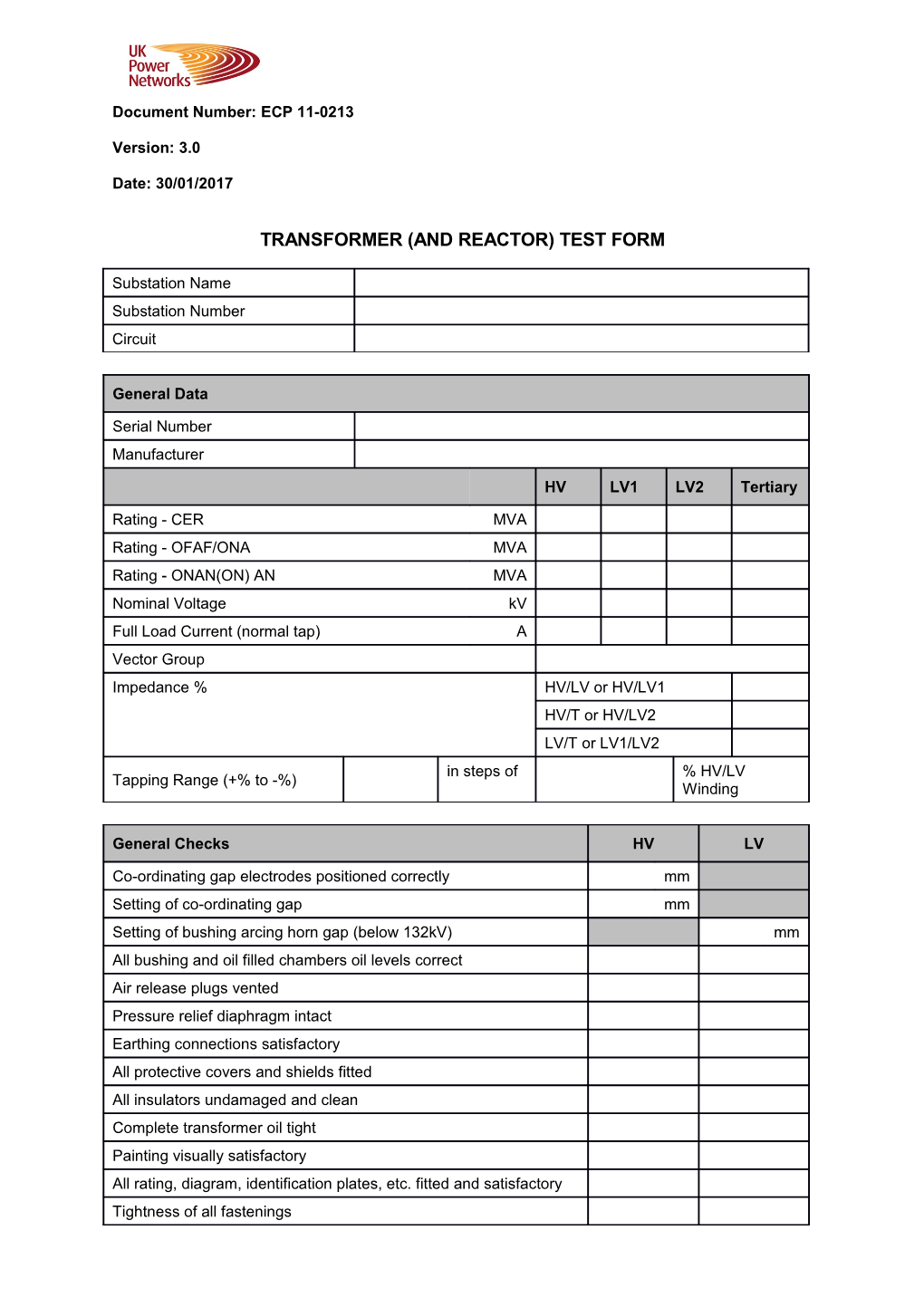 ECP 11-0213 Transformer (And Reactor) Test Form