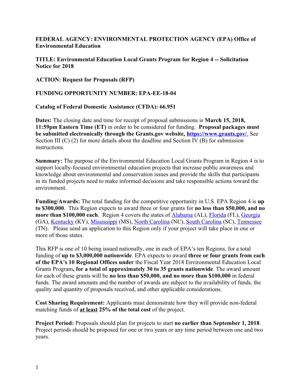 FEDERAL AGENCY: ENVIRONMENTAL PROTECTION AGENCY (EPA) Office of Environmental Education