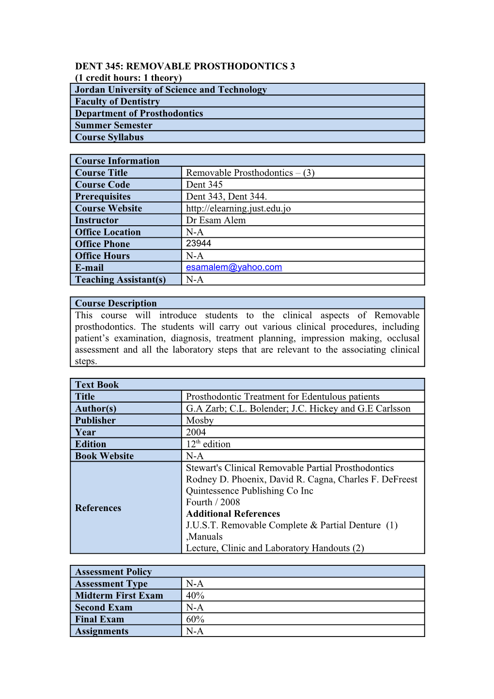 Dent 345: Removable Prosthodontics 3