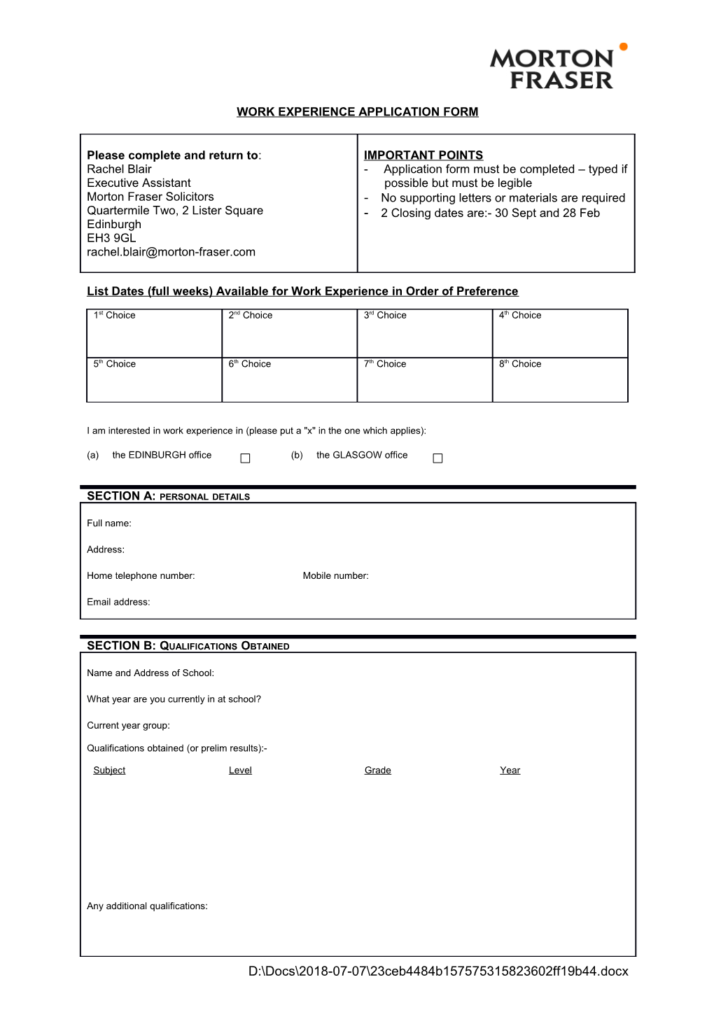 Work Experience Application Form s1