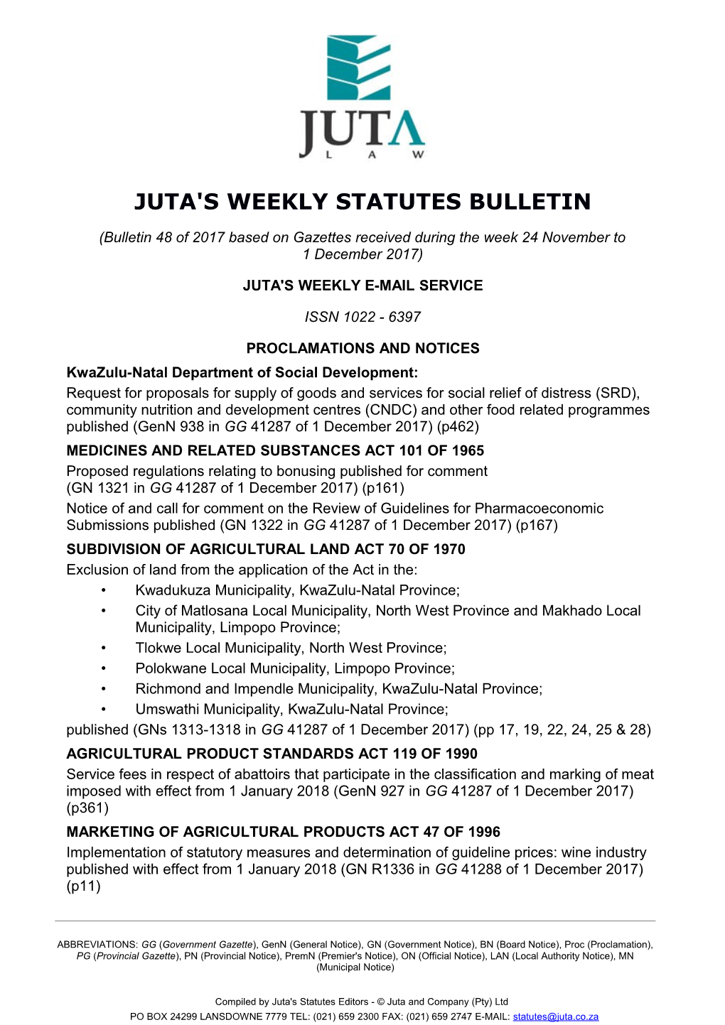 Juta's Weekly Statutes Bulletin