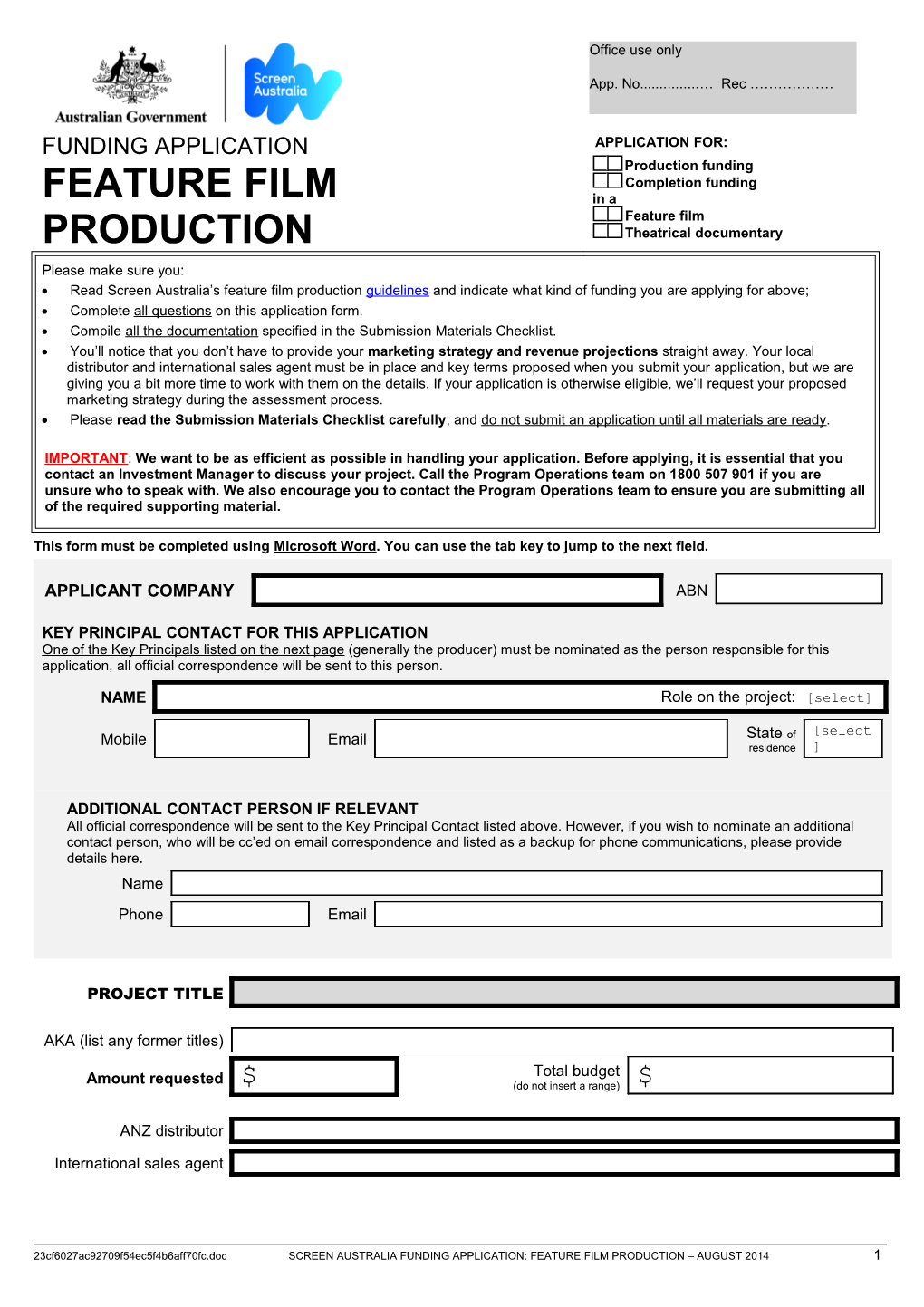 Feature Production Application Form