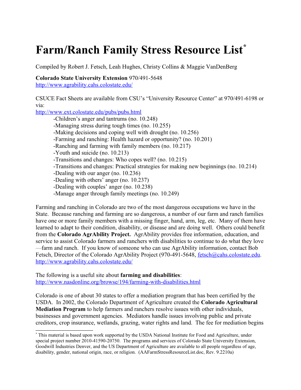 Farm/Ranch Family Stress Resource List *