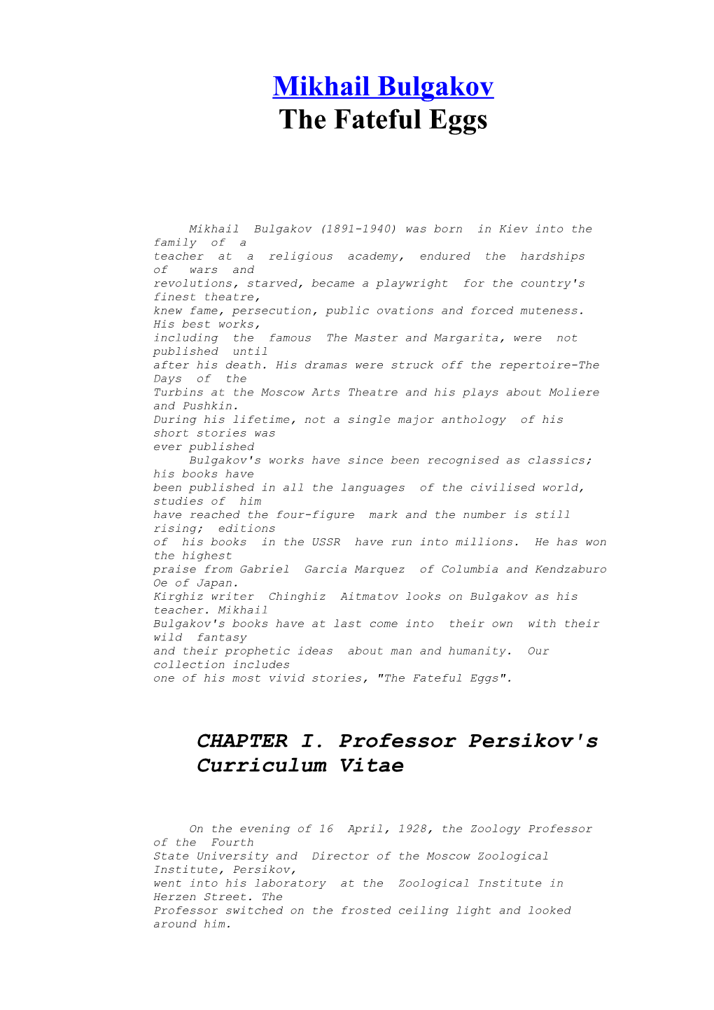 CHAPTER I. Professor Persikov's Curriculum Vitae