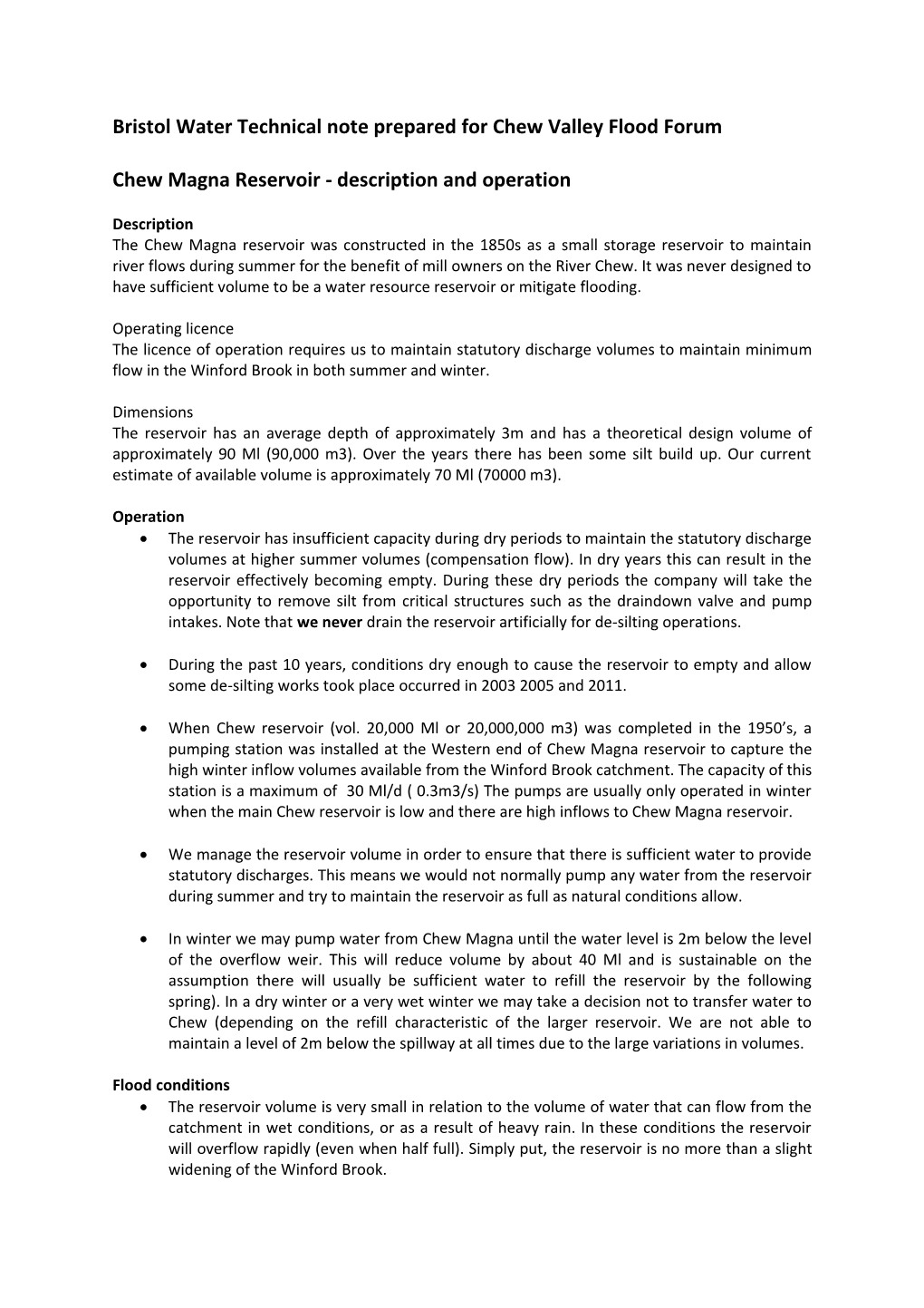 Bristol Water Technical Note Prepared for Chew Valley Flood Forum