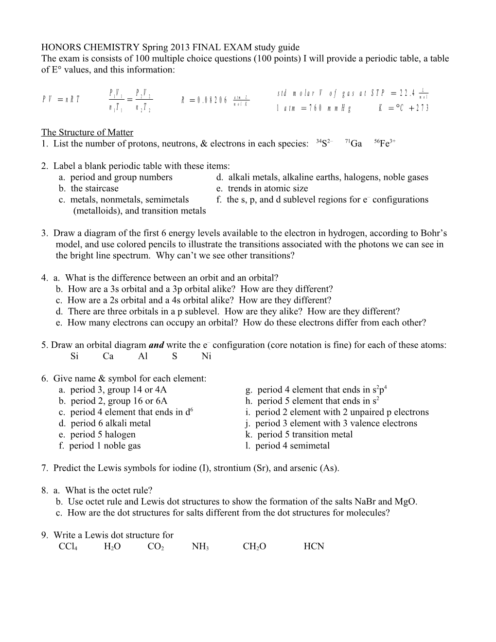 HONORS CHEMISTRY Spring 05 FINAL EXAM Study Materials