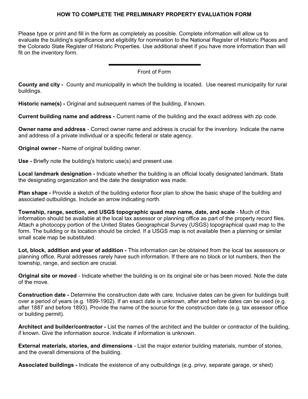 Preliminary Property Evaluation Form Instructions - Word Version