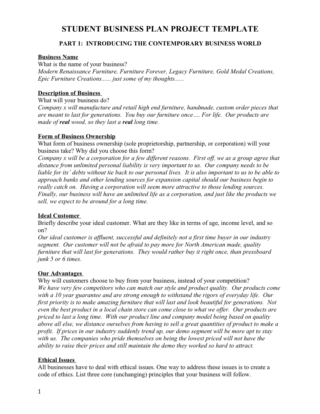 Student Business Plan Project Template