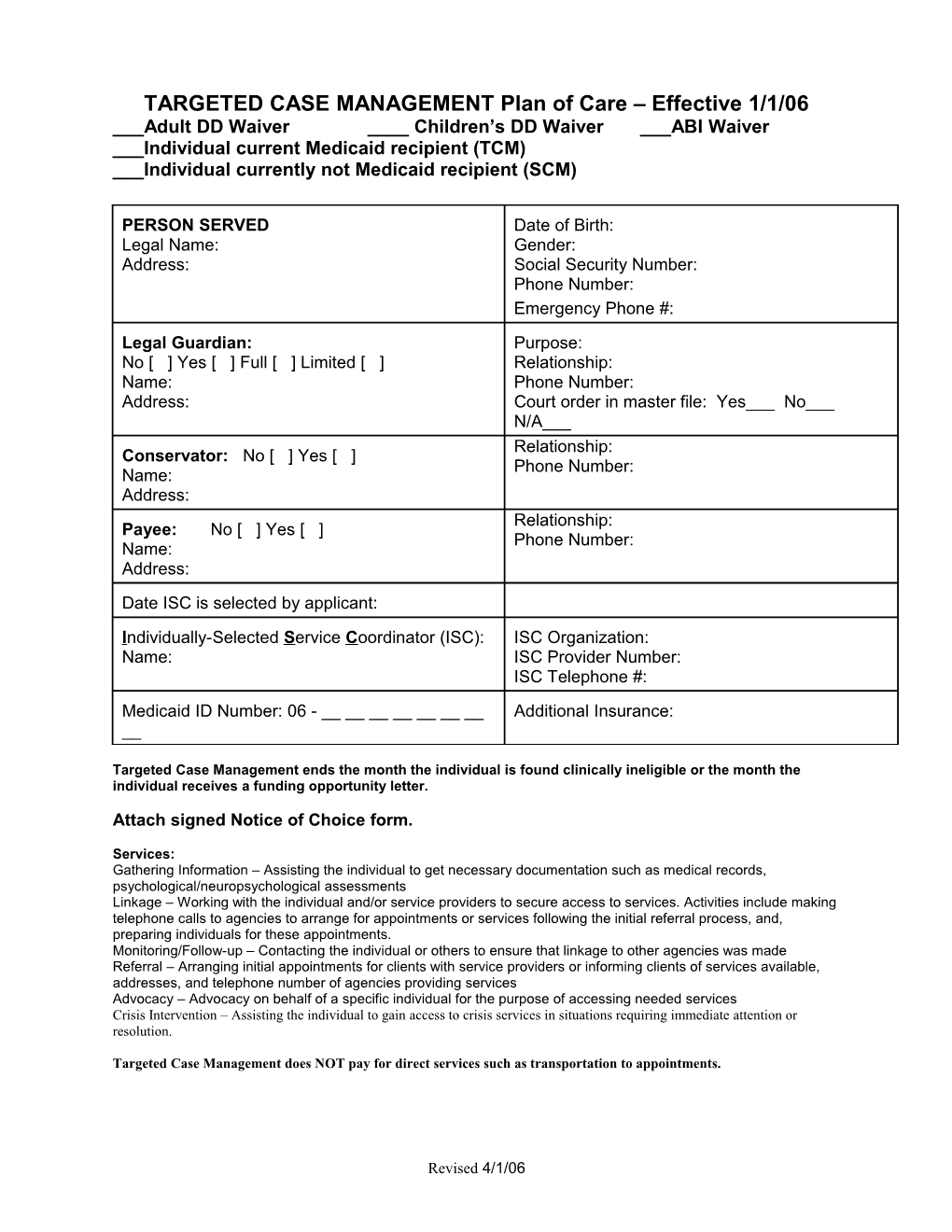 TARGETED CASE MANAGEMENT Plan of Care Effective 1/1/06