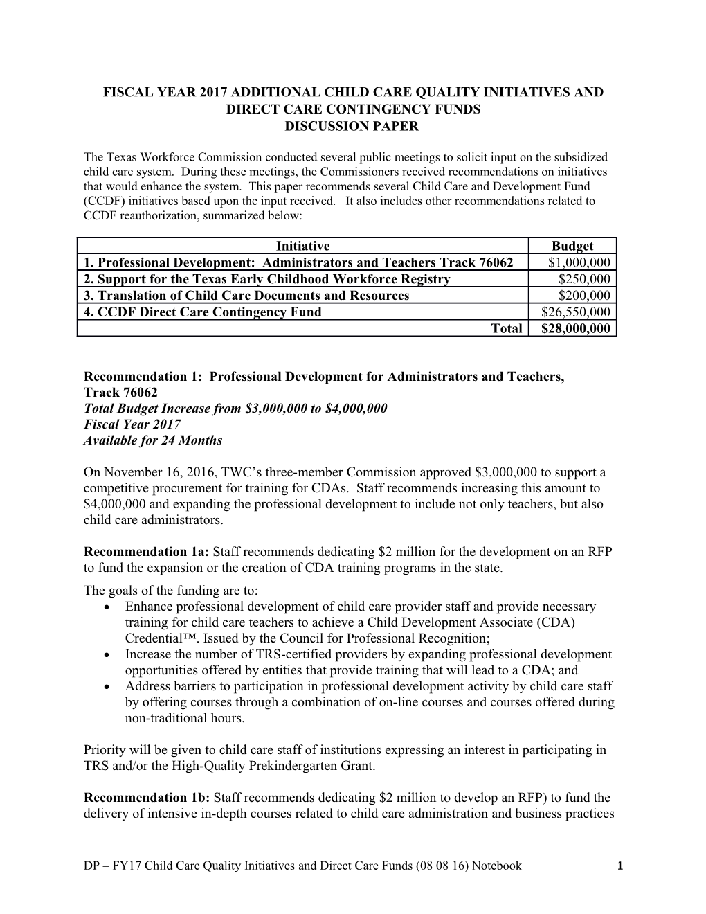 Commission Meeting Materials August 9, 2016 - Fiscal Year 2017 Additional Child Care Quality