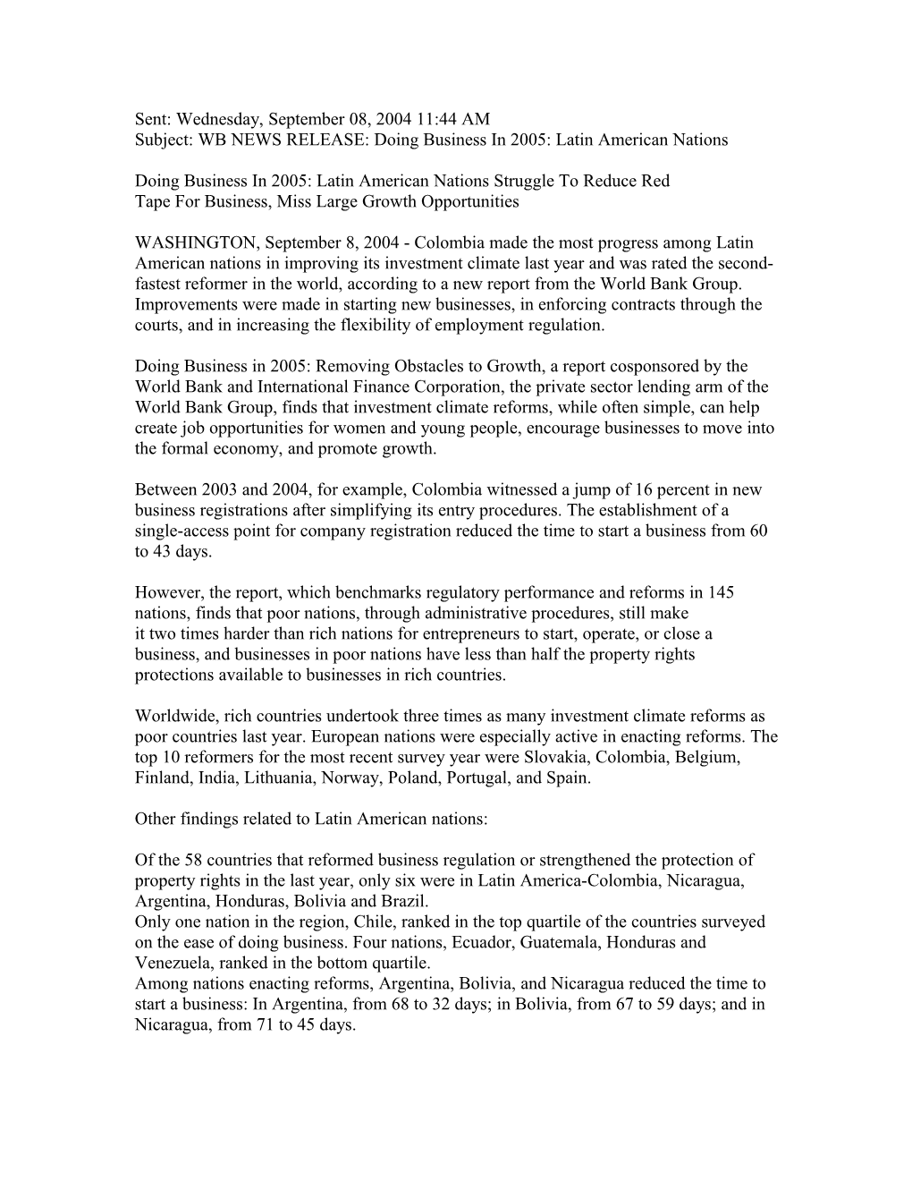 Subject: WB NEWS RELEASE: Doing Business in 2005: Latin American Nations