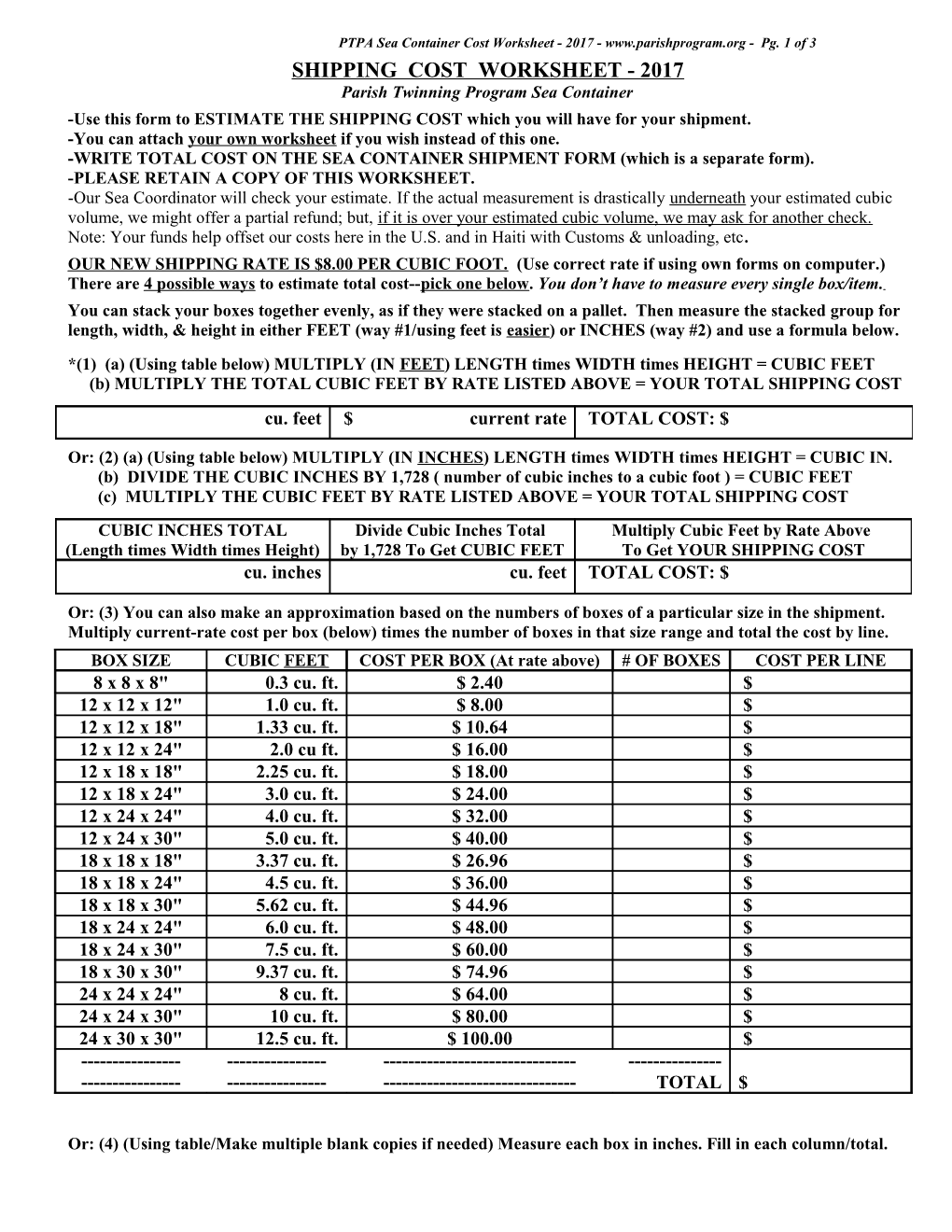 Sea Container: Shipping Cost Worksheet