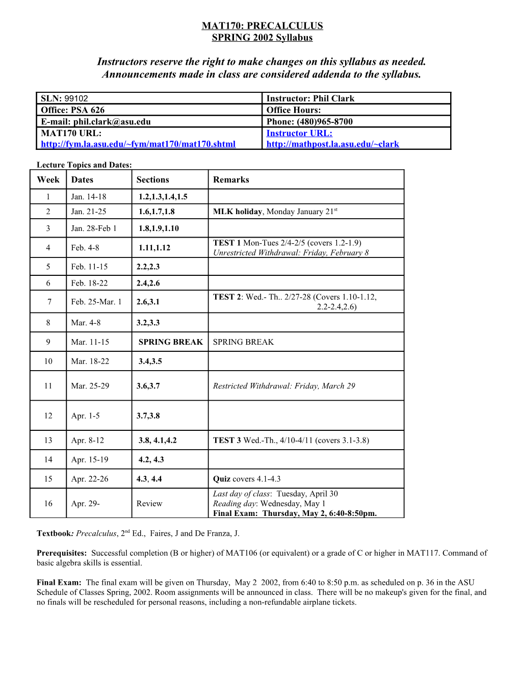 PRECALCULUS SYLLABUS Faires - Defranza