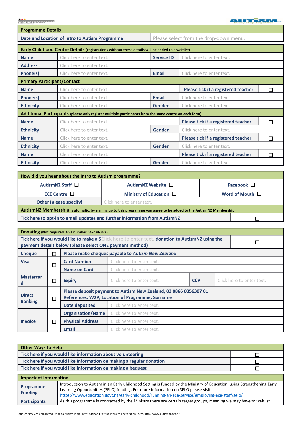 Autism New Zealand, Introduction to Autism in an Early Childhood Setting Waikato Registration