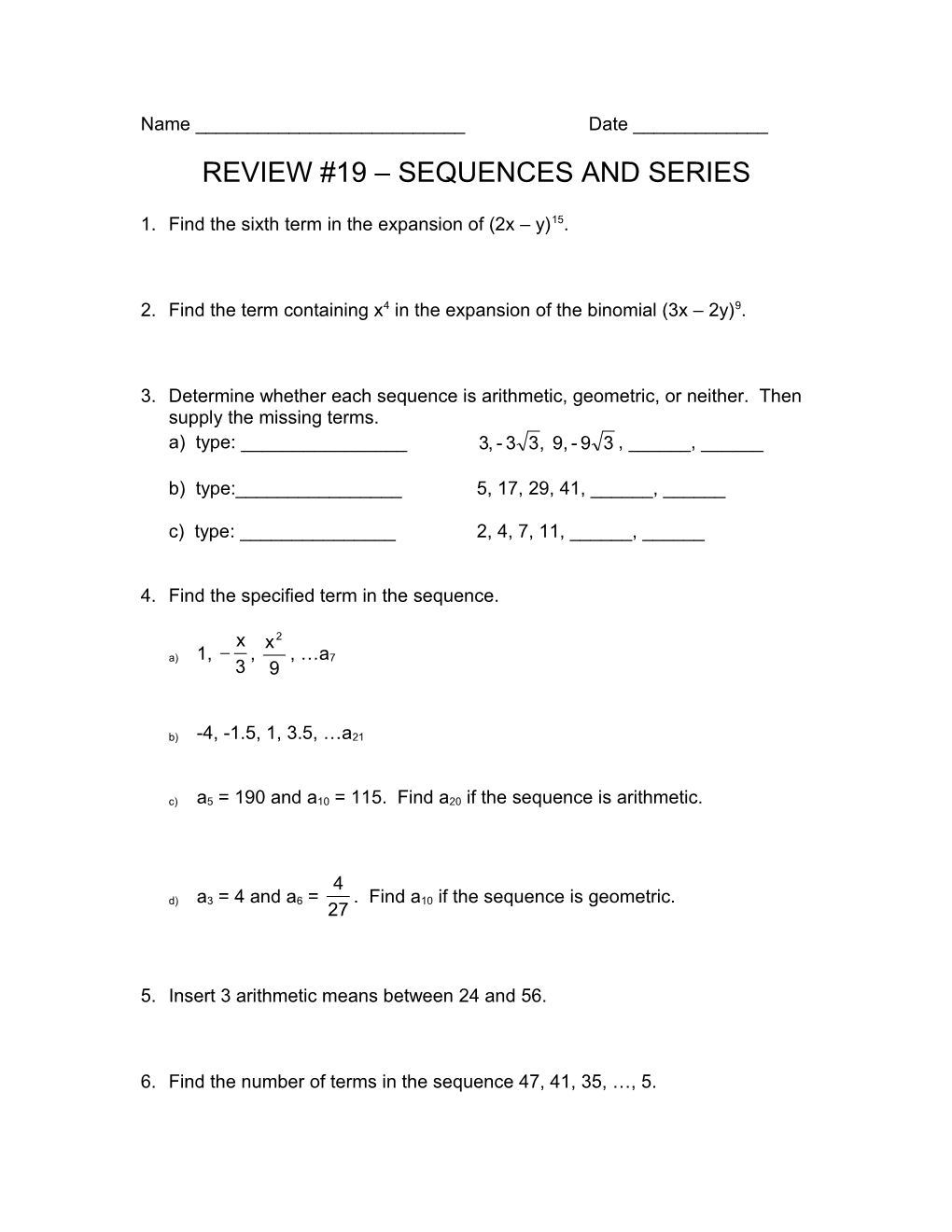 Review #19 Sequences and Series