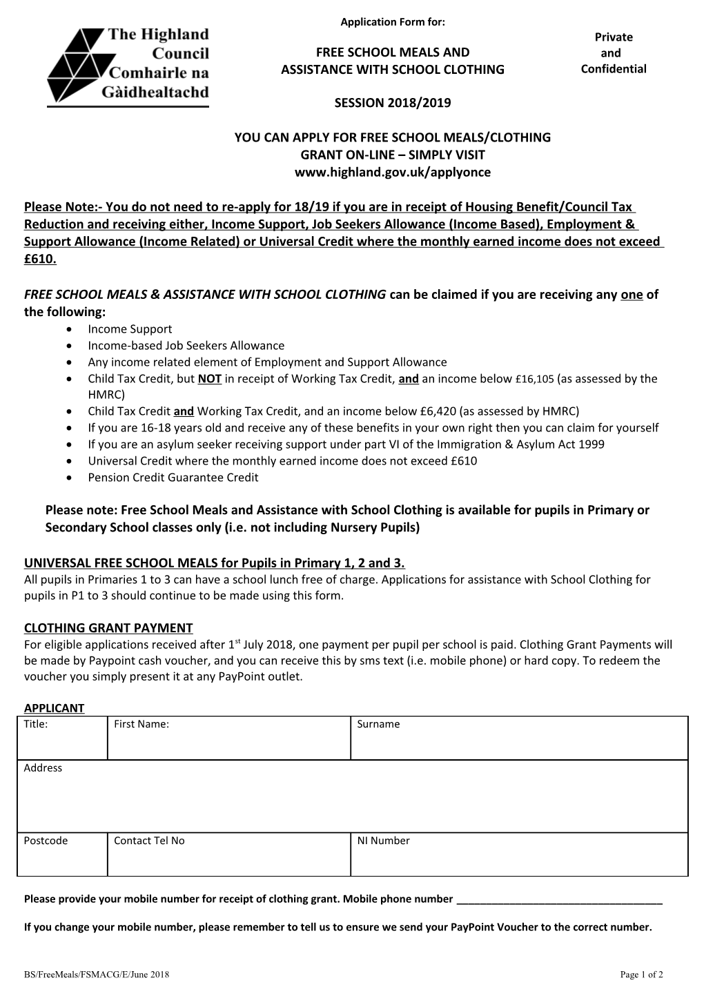 Free School Meals & Clothing Grant Application - English