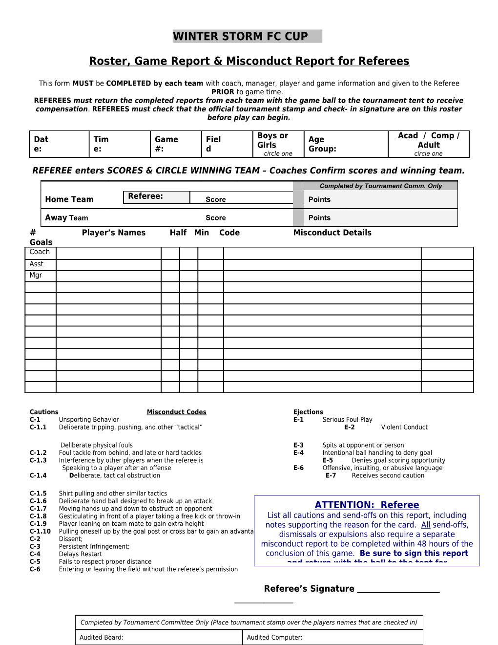 Roster, Game Report & Misconduct Report for Referees