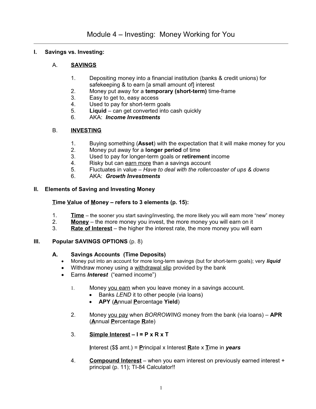 Unit 3 Investing: Making Money Work for You