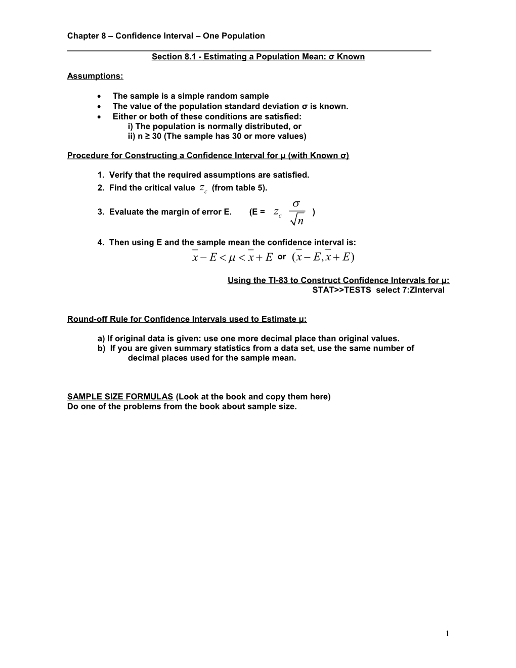 Chapter 8 Confidence Interval One Population