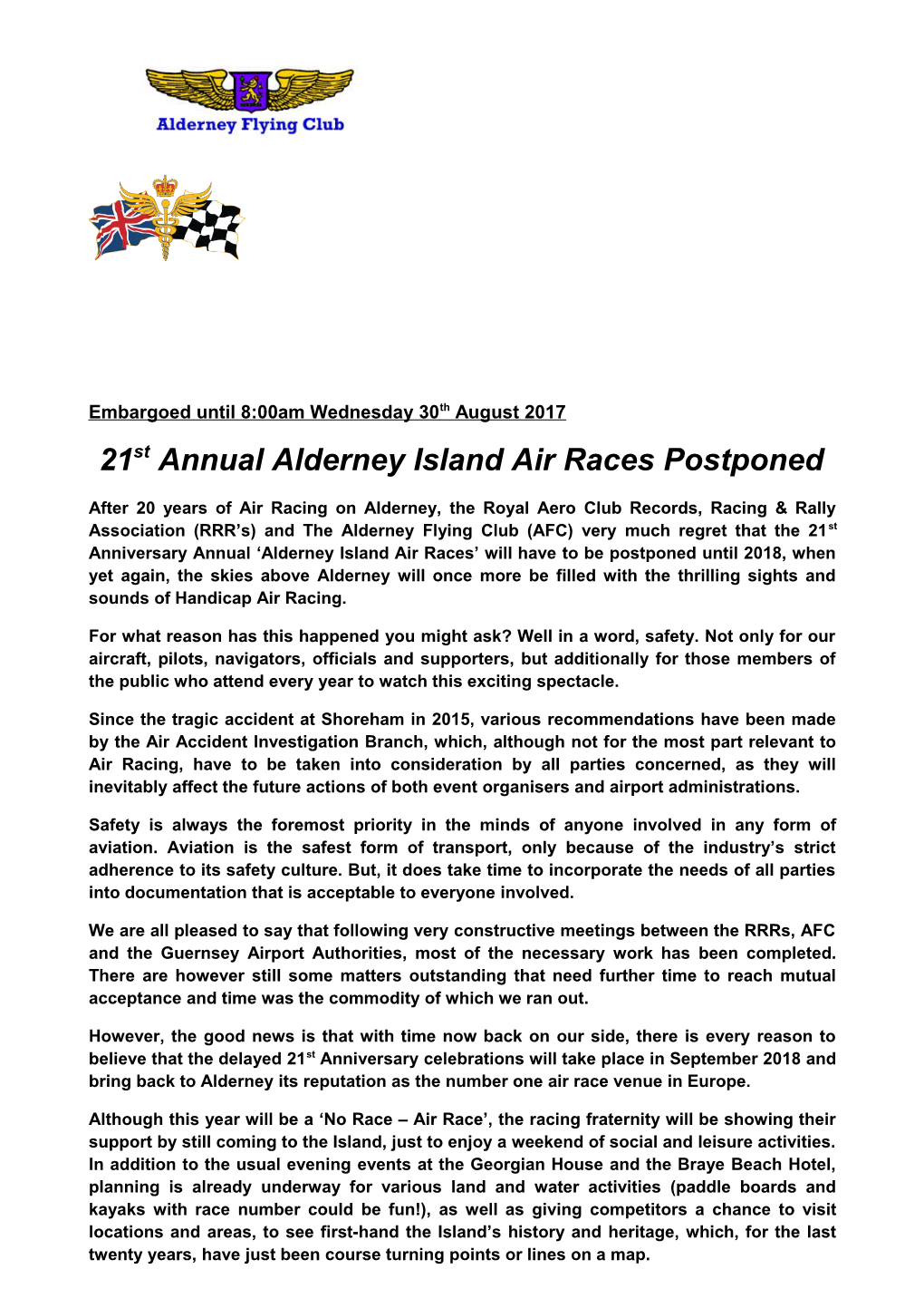 21St Annual Alderney Island Air Races Postponed