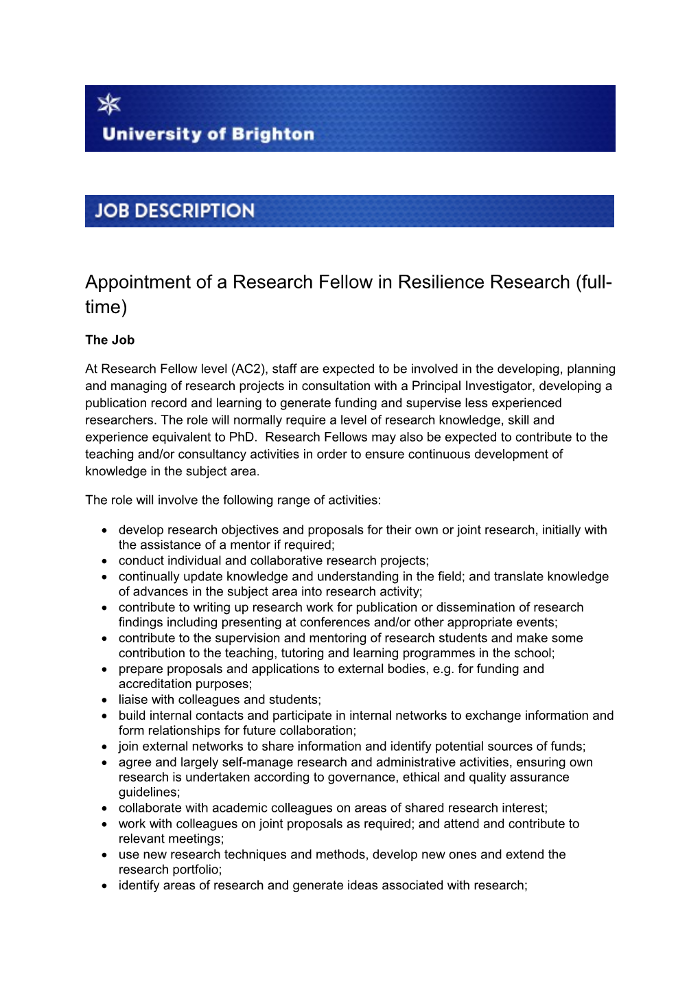 Appointment of a Research Fellow in Resilience Research (Full-Time)