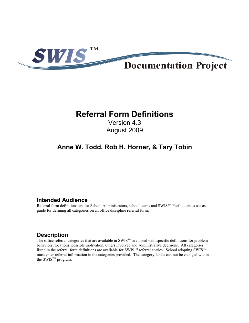 SWISTM Office Referral Definitions