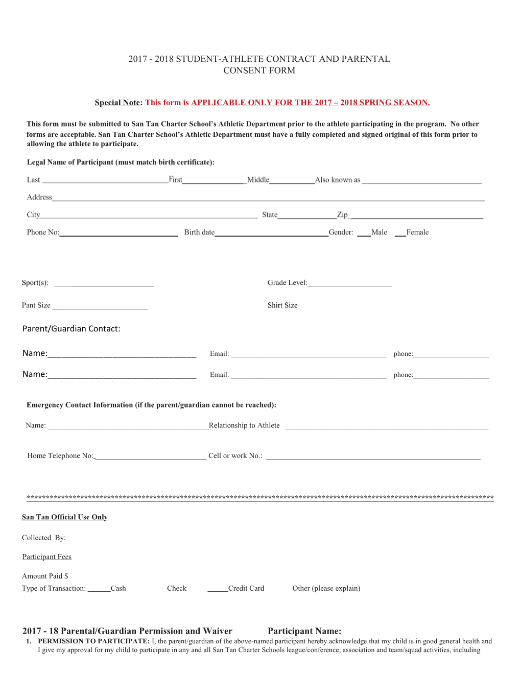 2015-2016 Spring Season STCS STUDENT-ATHLETE CONTRACT and PARENTAL CONSENT FORM