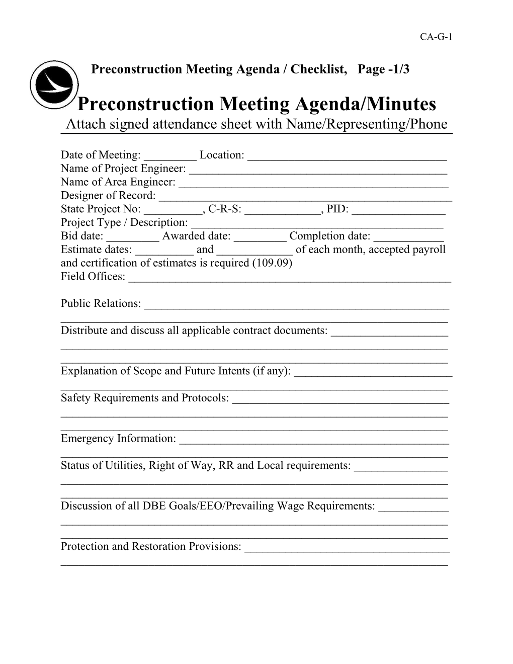 Pre-Construction Meeting Agenda / Checklist