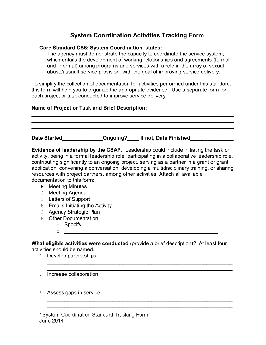 System Coordination Activities Tracking Form