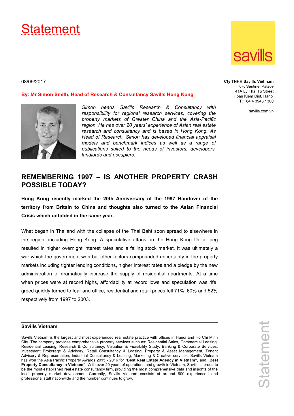 By: Mr Simon Smith,Head of Research & Consultancy Savills Hong Kong