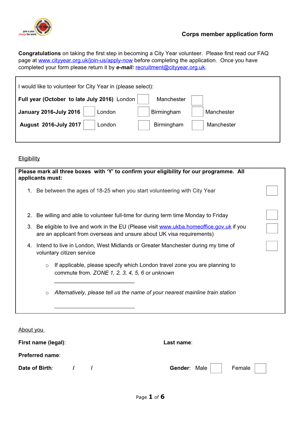 Corps Member Application Form