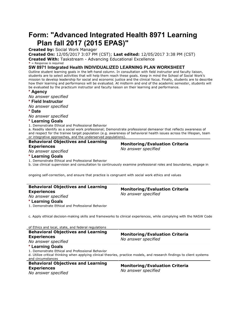 Form: Advanced Integrated Health 8971 Learning Plan Fall 2017 (2015 EPAS)