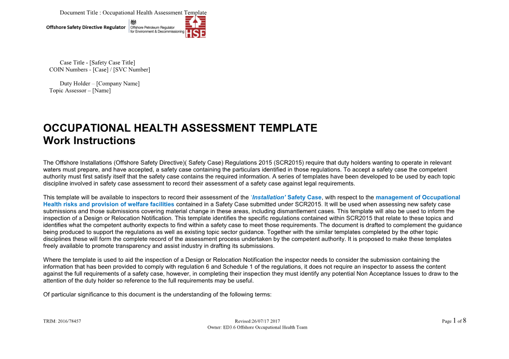 Occ Health SC Assessment Template