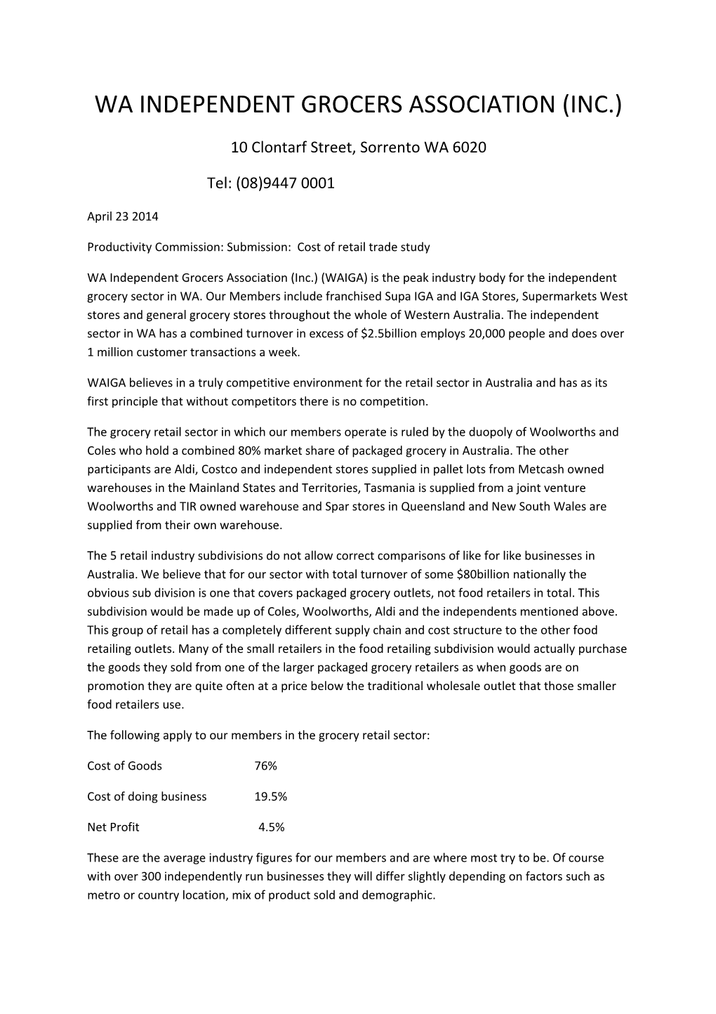 Submission 2 - Western Australian Independent Grocers Association - Costs of Doing Business