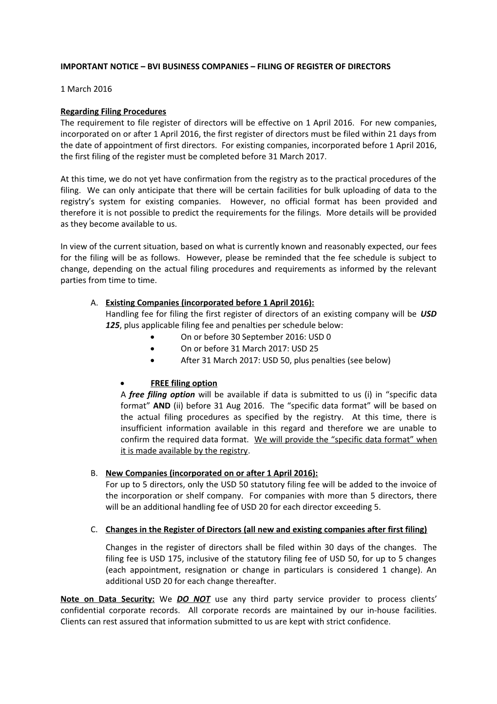 Important Notice Bvi Business Companies Filing of Register of Directors