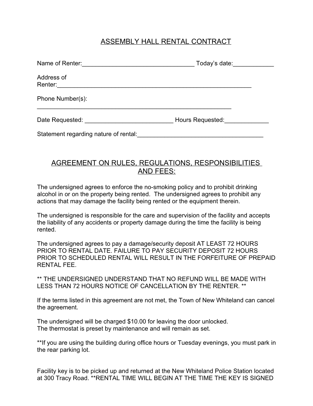 Assembly Hall Rental Contract