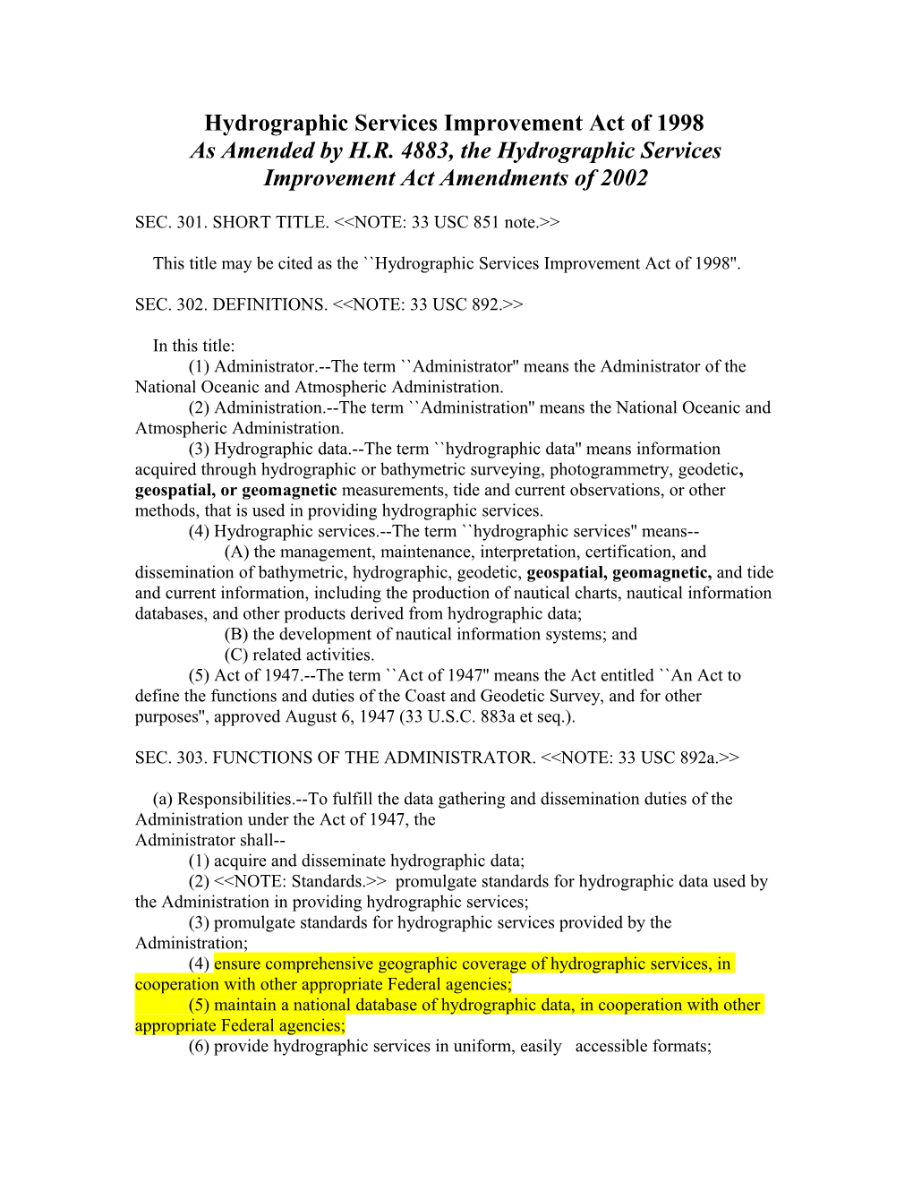 TITLE III NOAA HYDROGRAPHIC SERVICES NOTE: Hydrographic Services