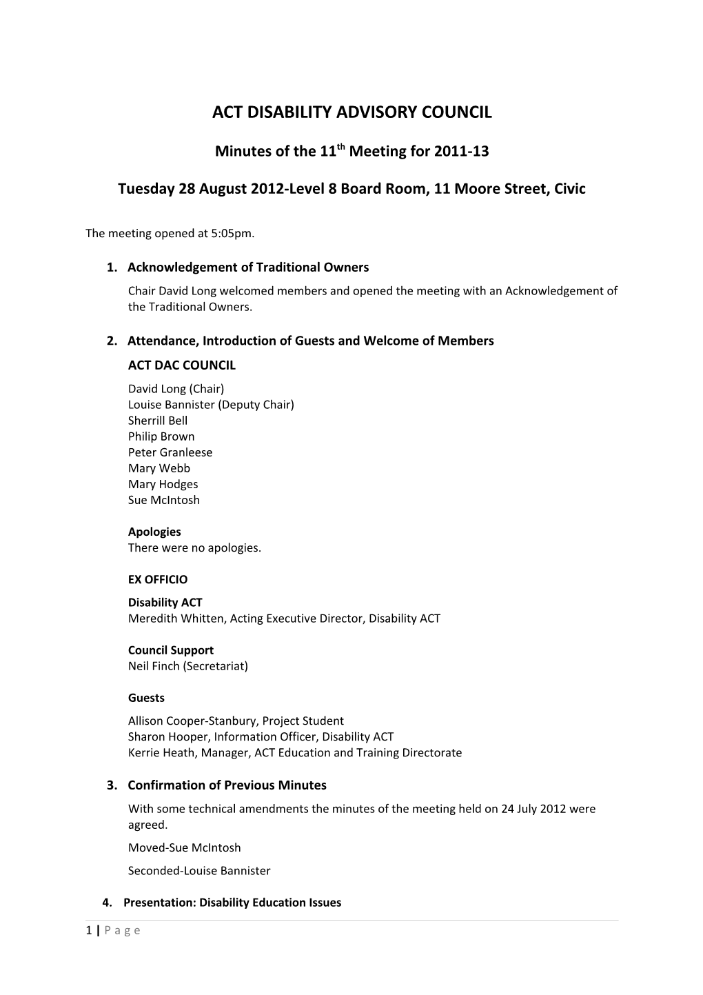 ACT Disability Advisory Council Meeting Minutes 28.08.12
