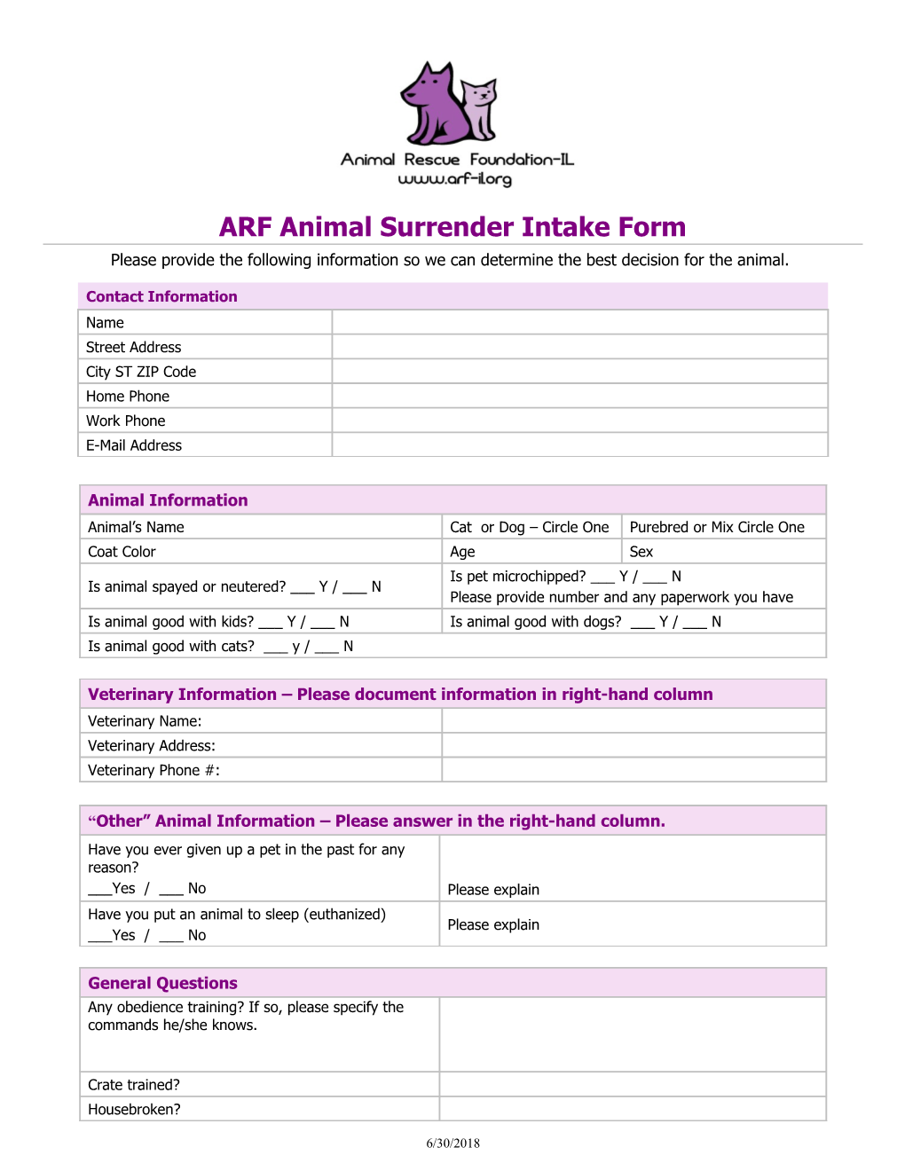 ARF Animal Surrender Intake Form