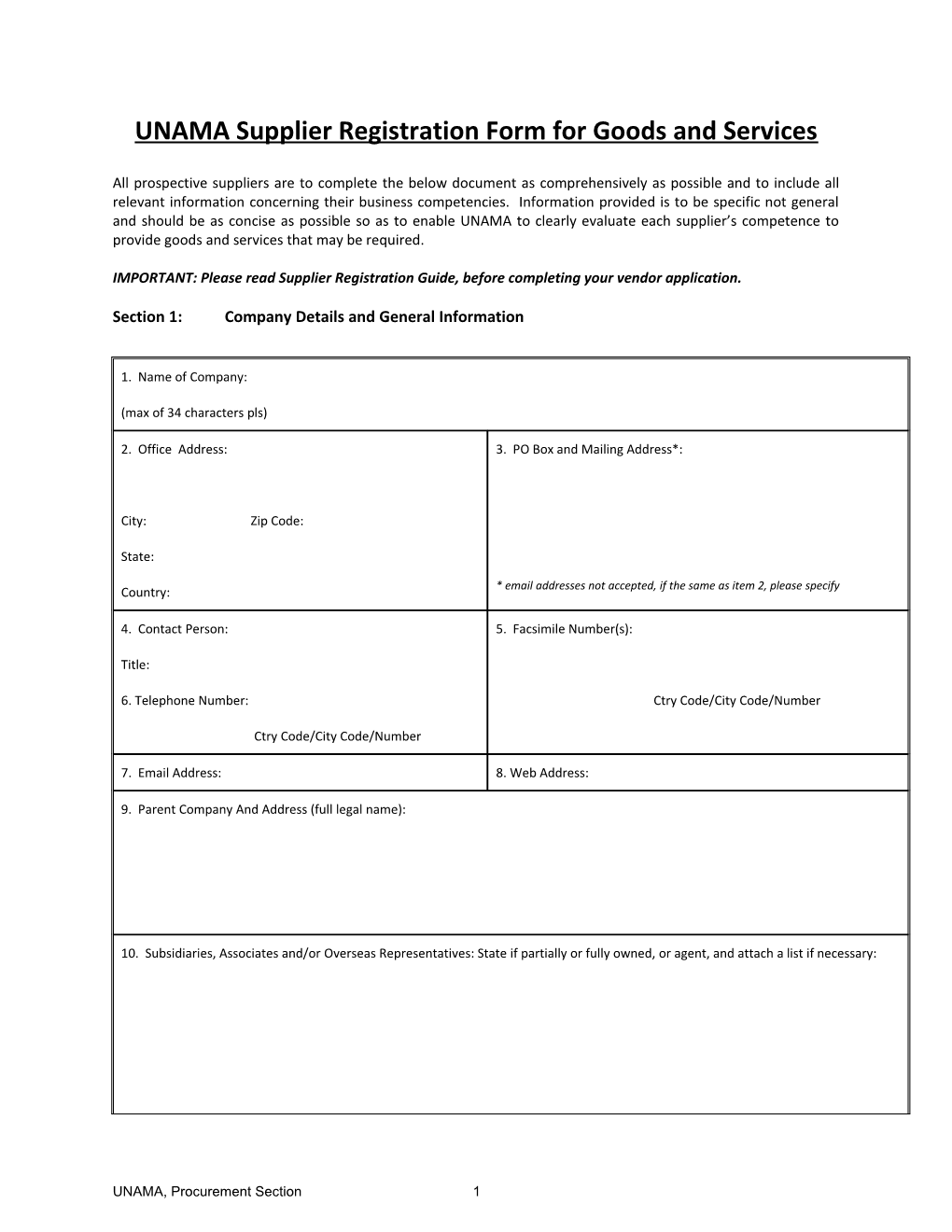 UNAMA Supplier Registration Form for Goods and Services