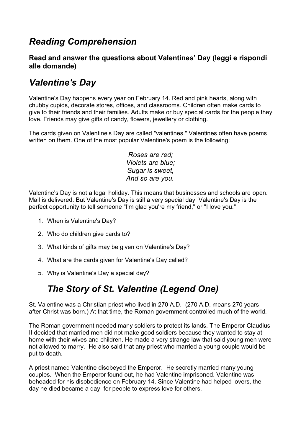 Read and Answer the Questions About Valentines Day (Leggi E Rispondi Alle Domande)