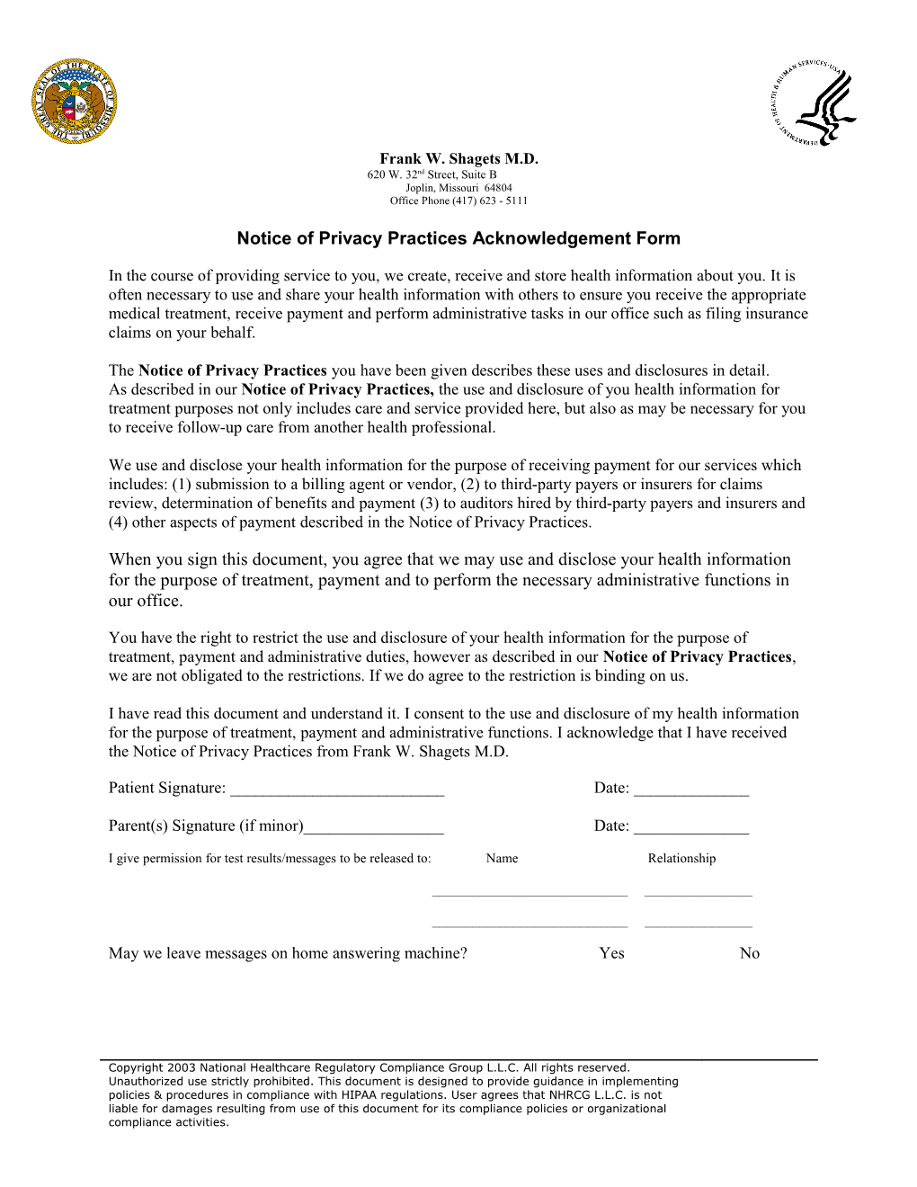 Notice of Privacy Practices Acknowledgement Form