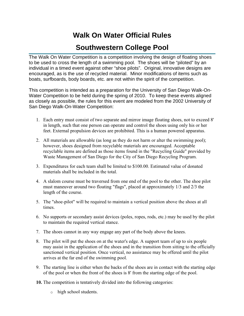 2002 USD Walk-On-Water Official Rules